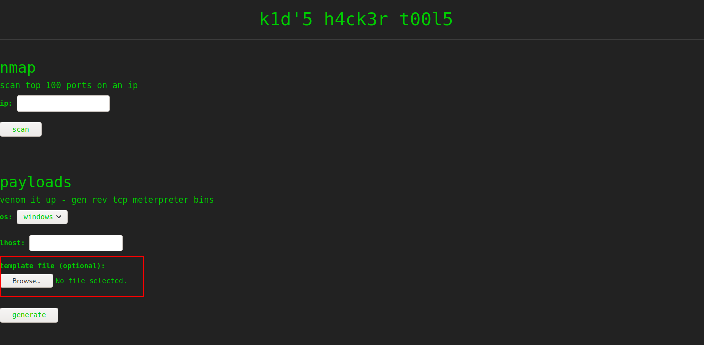 webserver index page showing different hacking tools
